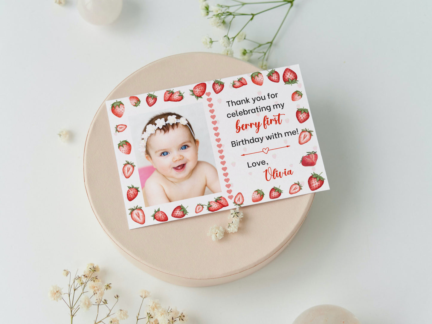 Berry First Birthday Thank You Card, Editable Strawberry 1st Birthday Thank You Card, Strawberry Birthday Thank You Card with Photo Template