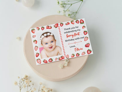 Berry First Birthday Thank You Card, Editable Strawberry 1st Birthday Thank You Card, Strawberry Birthday Thank You Card with Photo Template