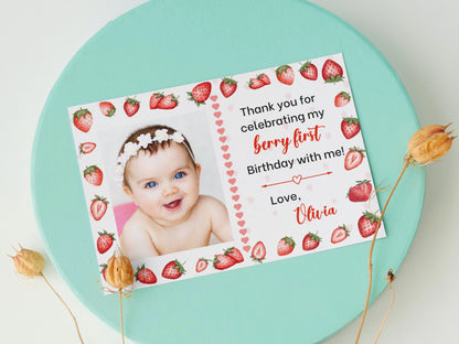 Berry First Birthday Thank You Card, Editable Strawberry 1st Birthday Thank You Card, Strawberry Birthday Thank You Card with Photo Template