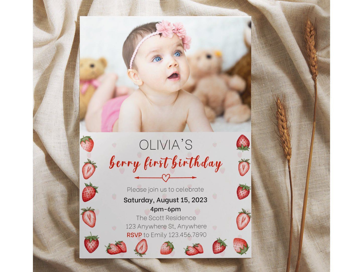 Berry First Birthday Invitation, Editable Strawberry 1st Birthday Invite, Strawberry Birthday Invitation, Photo Birthday Invitation Template