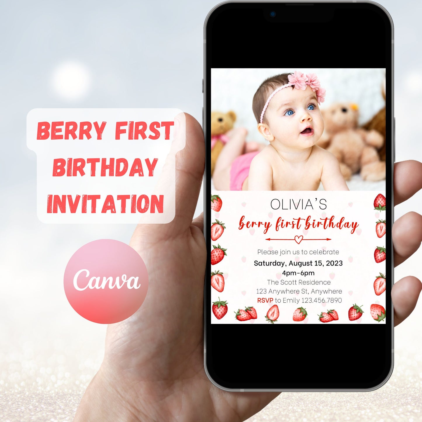 Berry First Birthday Invitation, Editable Strawberry 1st Birthday Invite, Strawberry Birthday Invitation, Photo Birthday Invitation Template