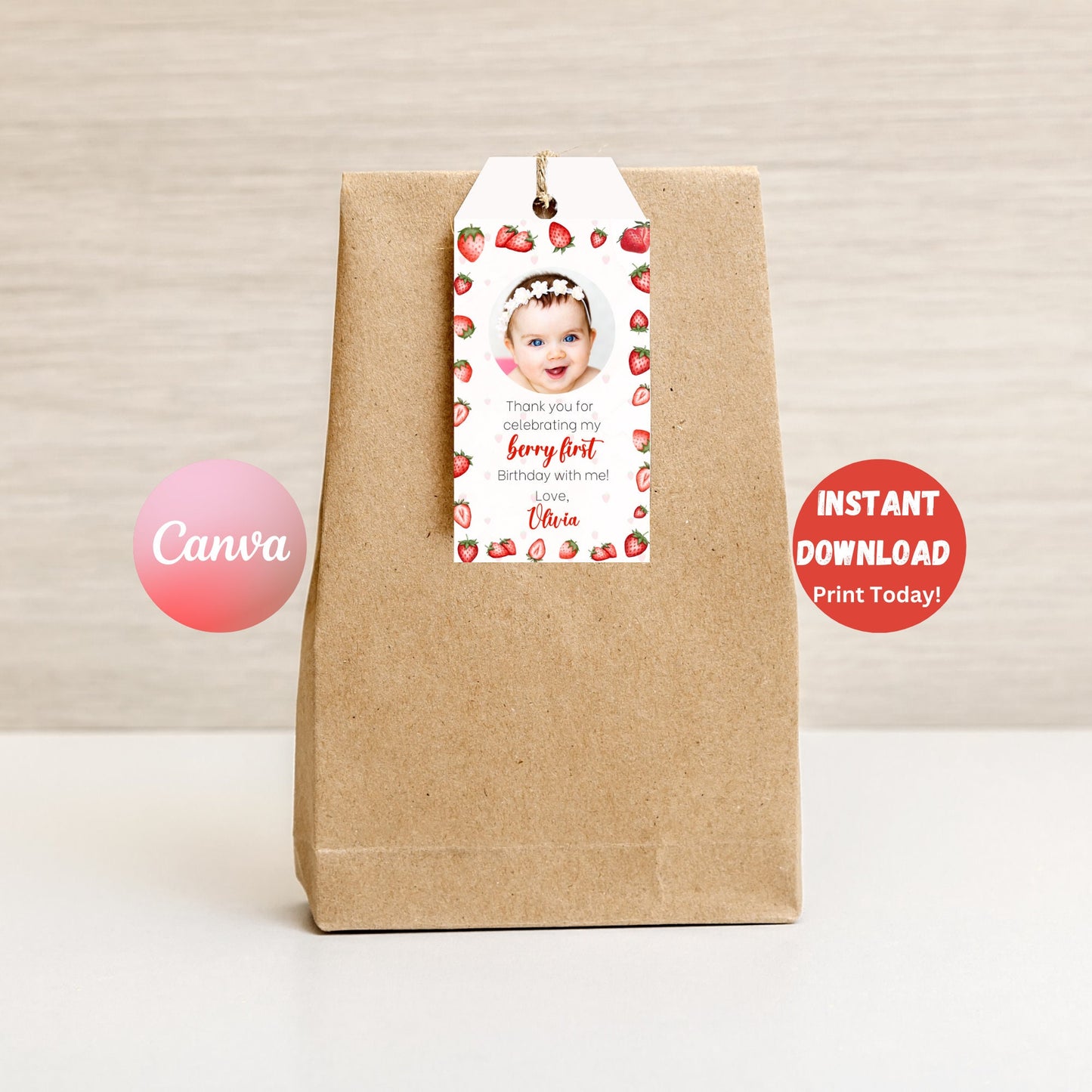 Berry First Birthday Favor Tag, Editable Strawberry Thank You Tag, Strawberry Birthday Goodie Bag Label, Berry First Gift Tag, Printable