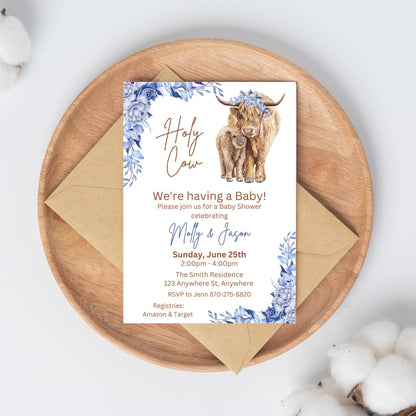 Boho Highland Cow Baby Shower Invitation Set, Holy Cow Baby Shower Invite, Blue Highland Cow Baby Shower Bundle, Editable Instant Download