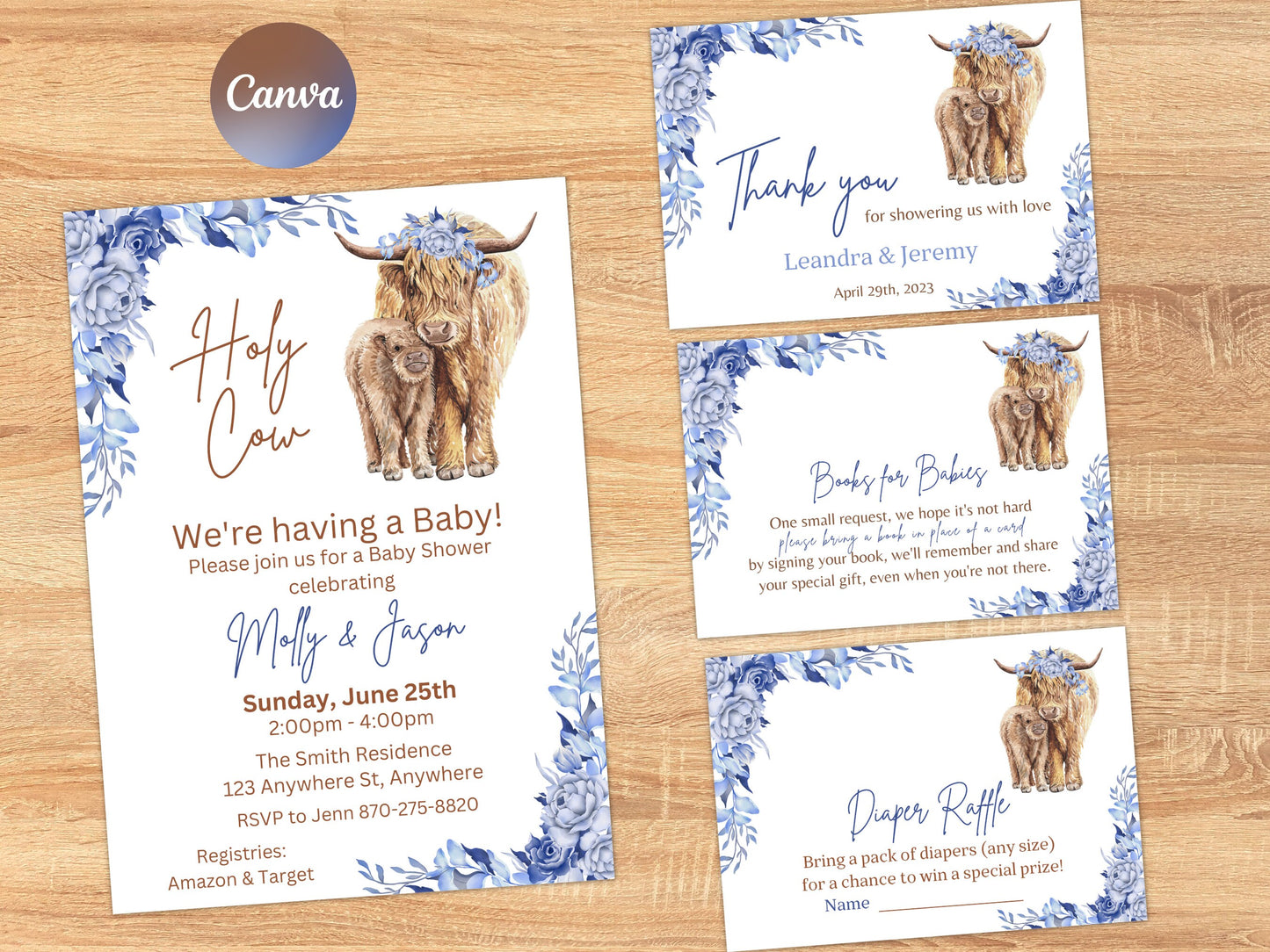 Boho Highland Cow Baby Shower Invitation Set, Holy Cow Baby Shower Invite, Blue Highland Cow Baby Shower Bundle, Editable Instant Download