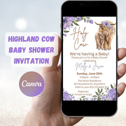 Boho Highland Cow Baby Shower Invitation, Holy Cow Baby Shower Invite, Blue Highland Cow Baby Shower, Floral Cow, Editable Instant Download