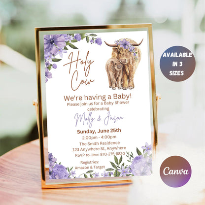 Boho Highland Cow Baby Shower Invitation, Holy Cow Baby Shower Invite, Blue Highland Cow Baby Shower, Floral Cow, Editable Instant Download