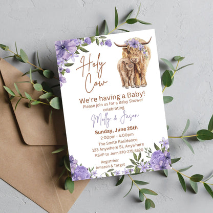 Boho Highland Cow Baby Shower Invitation, Holy Cow Baby Shower Invite, Blue Highland Cow Baby Shower, Floral Cow, Editable Instant Download