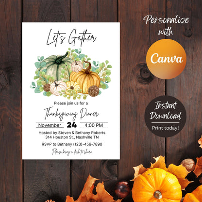 Editable Thanksgiving Dinner Invitation, Friendsgiving  Invitation, Fall Autumn Dinner Invite, Instant Download Template