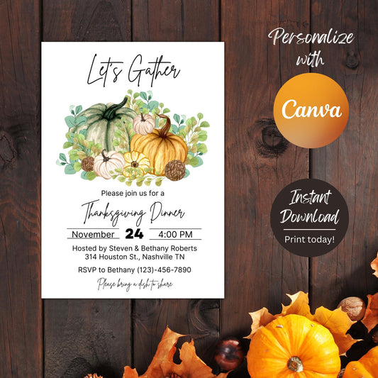 Editable Thanksgiving Dinner Invitation, Friendsgiving  Invitation, Fall Autumn Dinner Invite, Instant Download Template