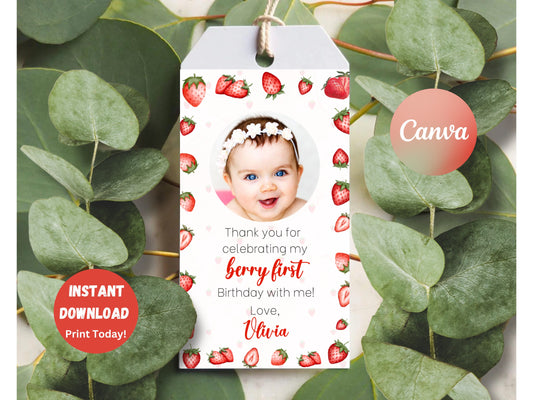 Berry First Birthday Favor Tag, Editable Strawberry Thank You Tag, Strawberry Birthday Goodie Bag Label, Berry First Gift Tag, Printable