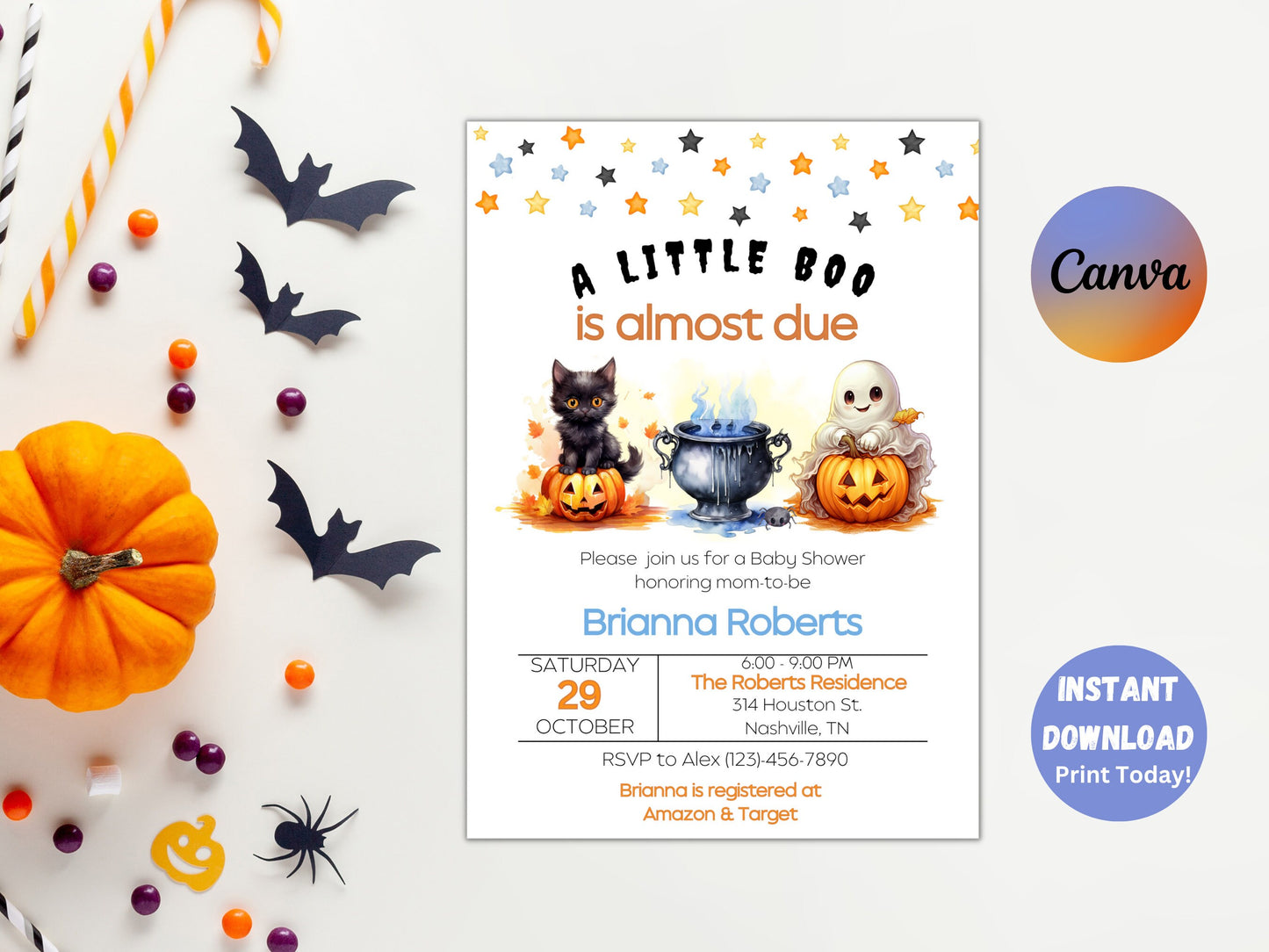 Editable A Little Boo Baby Shower Invitation, Boy Halloween Baby Shower Invite, Ghost Baby Shower, A little Boo is due, Instant Download