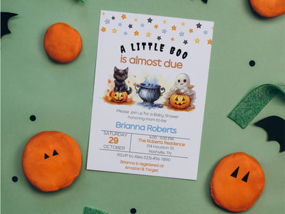 Editable A Little Boo Baby Shower Invitation, Boy Halloween Baby Shower Invite, Ghost Baby Shower, A little Boo is due, Instant Download