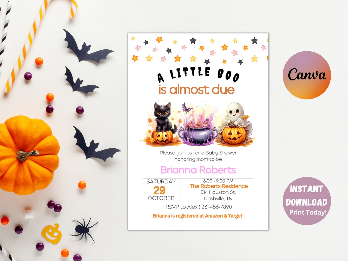 Editable A Little Boo Baby Shower Invitation, Girl Halloween Baby Shower Invite, Ghost Baby Shower, A little Boo is due, Instant Download