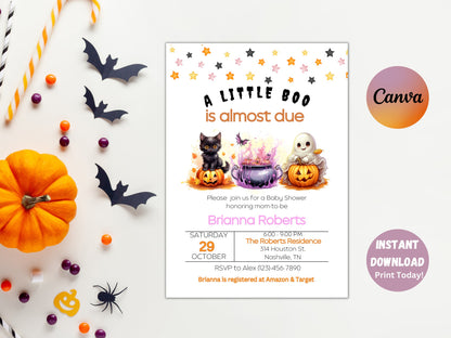 Editable A Little Boo Baby Shower Invitation, Girl Halloween Baby Shower Invite, Ghost Baby Shower, A little Boo is due, Instant Download