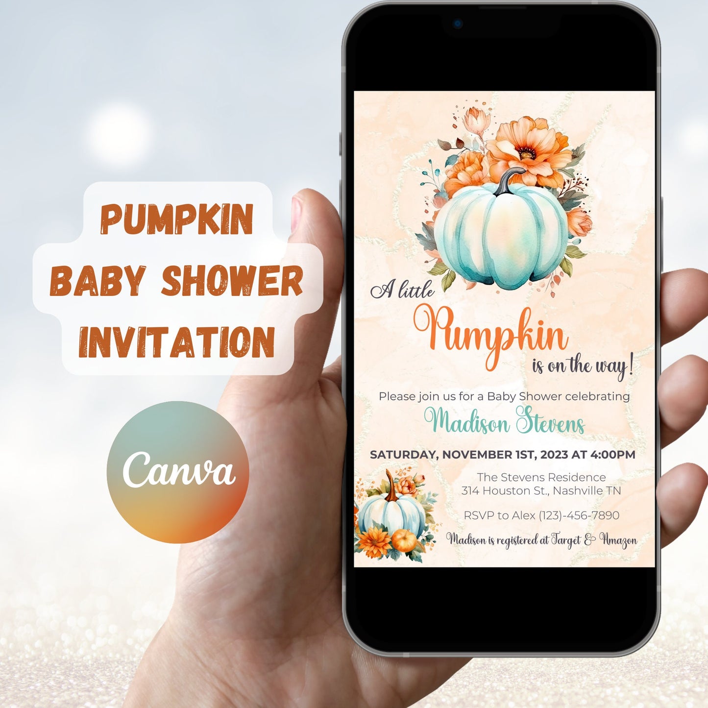 Editable Pumpkin Baby Shower Invitation, A little Pumpkin is on the way, Fall Baby Shower Invite, Autumn Leaves Invite, Instant Download