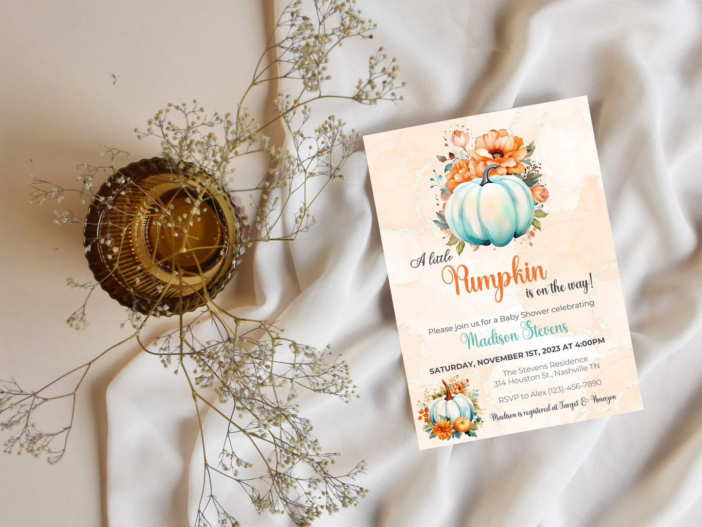 Editable Pumpkin Baby Shower Invitation, A little Pumpkin is on the way, Fall Baby Shower Invite, Autumn Leaves Invite, Instant Download