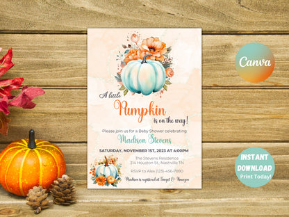 Editable Pumpkin Baby Shower Invitation, A little Pumpkin is on the way, Fall Baby Shower Invite, Autumn Leaves Invite, Instant Download