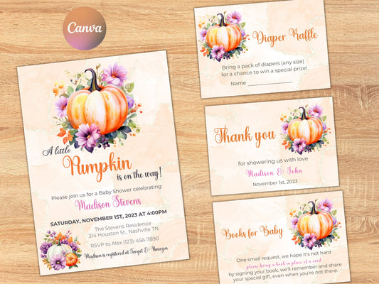 Editable Pumpkin Baby Shower Invitation Set, A little Pumpkin is on the way, Fall Baby Shower Bundle, Autumn Leaves Invite, Instant Download