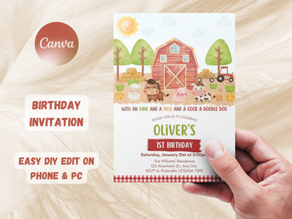 Editable Farm Birthday Invitation, Barn Animals Party Invite Template, Ranch Kids Birthday, Red Boy Barnyard Animals Farm, Instant Download