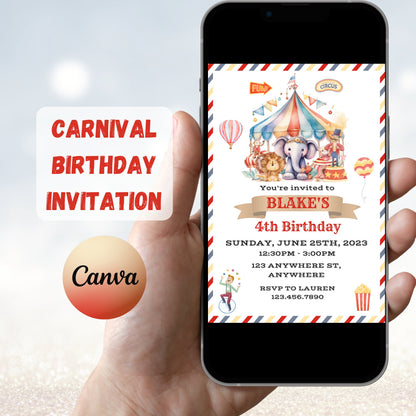 Editable Carnival Birthday Invitation, Circus Party Invite Template, Carnival Party Celebration, Circus Birthday Invite, Instant Download