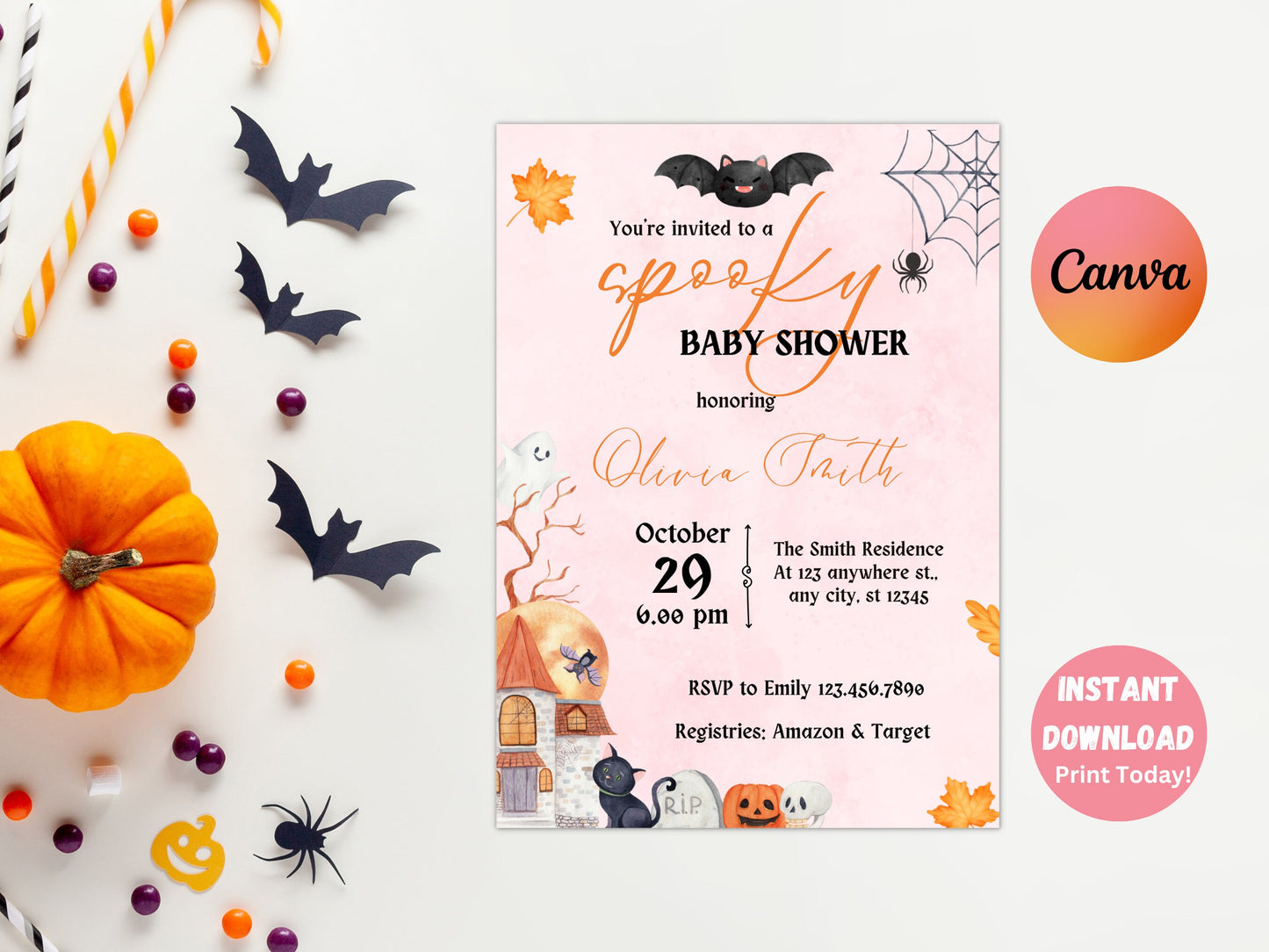 Editable Spooky Halloween Baby Shower Invitation, Girl Halloween Baby Shower Invite, Ghost Halloween Baby Shower, Spooky, Instant Download