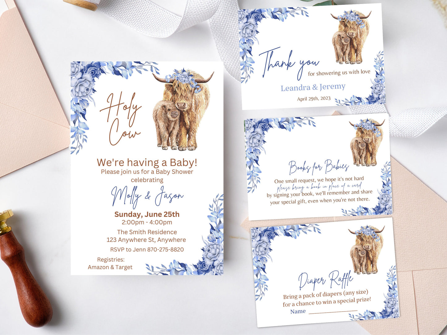 Boho Highland Cow Baby Shower Invitation Set, Holy Cow Baby Shower Invite, Blue Highland Cow Baby Shower Bundle, Editable Instant Download