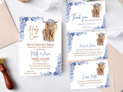 Boho Highland Cow Baby Shower Invitation Set, Holy Cow Baby Shower Invite, Blue Highland Cow Baby Shower Bundle, Editable Instant Download