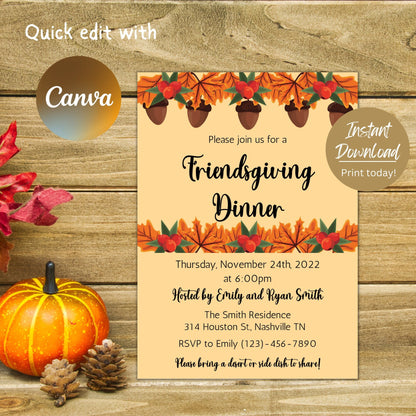 Editable Friendsgiving Dinner Invitation, Thanksgiving Invitation, Fall Autumn Dinner Invite, Instant Download Template