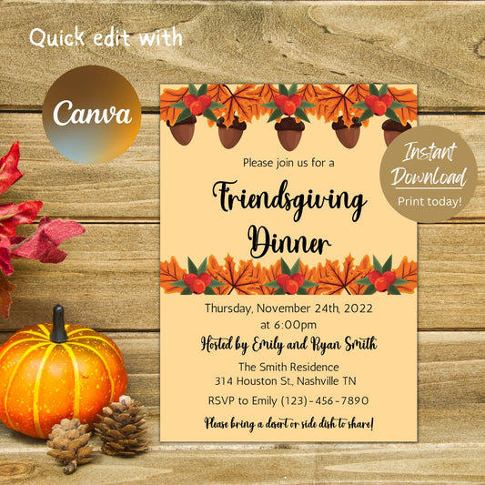 Editable Friendsgiving Dinner Invitation, Thanksgiving Invitation, Fall Autumn Dinner Invite, Instant Download Template