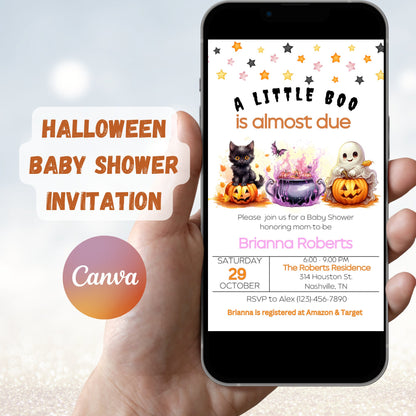 Editable A Little Boo Baby Shower Invitation, Girl Halloween Baby Shower Invite, Ghost Baby Shower, A little Boo is due, Instant Download