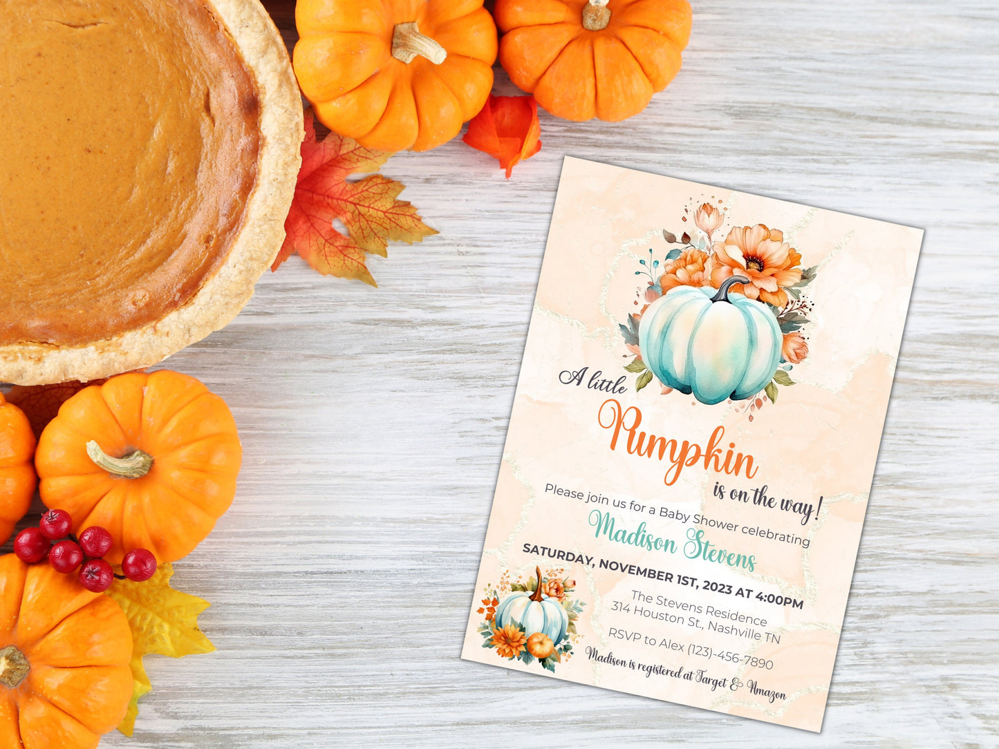 Editable Pumpkin Baby Shower Invitation, A little Pumpkin is on the way, Fall Baby Shower Invite, Autumn Leaves Invite, Instant Download