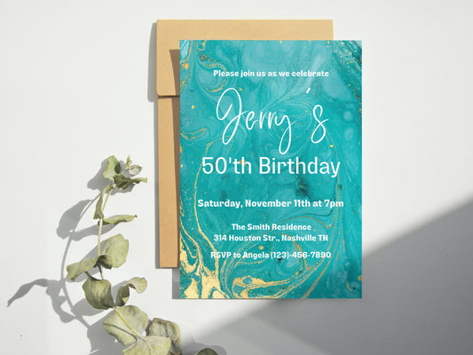 Editable Adult Birthday Invitation, Green Agate Birthday Invite, Adult Birthday Invite, Surprise Party, Green Invite, Instant Download