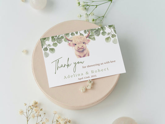 Boho Highland Cow Baby Shower Thank You Card, Cow Baby Shower, Holy Cow Thank You Card, Highland Cow thank You Card, Editable Template