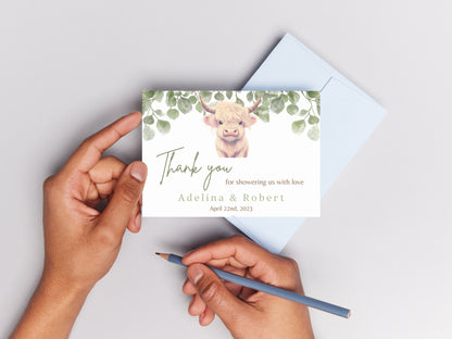 Boho Highland Cow Baby Shower Thank You Card, Cow Baby Shower, Holy Cow Thank You Card, Highland Cow thank You Card, Editable Template