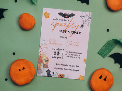 Editable Spooky Halloween Baby Shower Invitation, Girl Halloween Baby Shower Invite, Ghost Halloween Baby Shower, Spooky, Instant Download