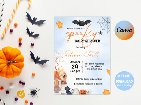 Editable Spooky Halloween Baby Shower Invitation, Boy Halloween Baby Shower Invite, Ghost Halloween Baby Shower, Spooky, Instant Download