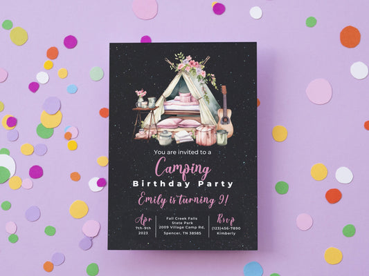 Camping Birthday Invitation, Girl Camping Invitation, Camp Out, Under The Stars, Campout Birthday, Glamping Birthday Invite, Smores Party