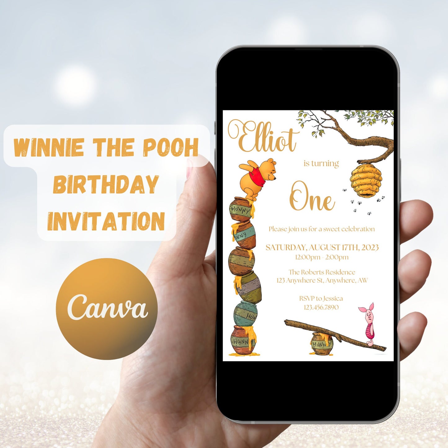 Editable Winnie the Pooh Birthday Invitation, Classic Winnie the Pooh Invitation Template, Pooh Bear Digital Invitation,  Little Hunny First