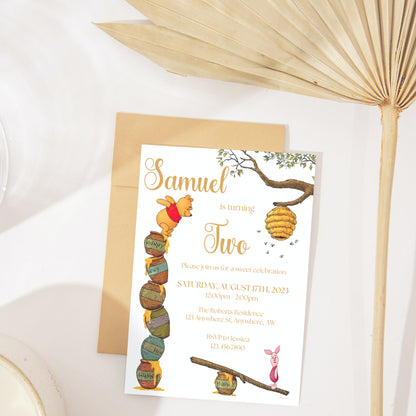 Editable Winnie the Pooh Birthday Invitation, Classic Winnie the Pooh Invitation Template, Pooh Bear Digital Invitation,  Little Hunny First