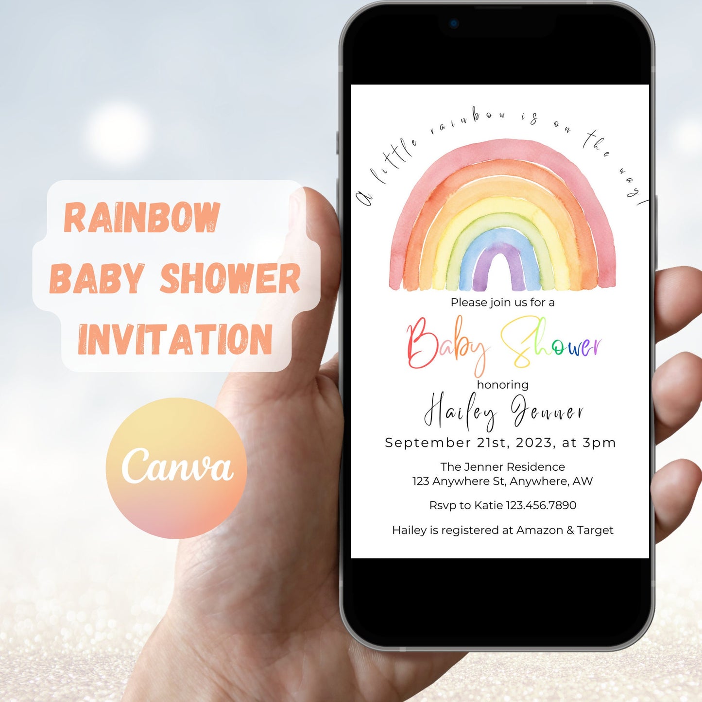 Editable Boho Rainbow Baby Shower Invitation, Rainbow Gender Reveal, Boho Rainbow Baby Invite, Pastel Rainbow Baby Shower, Instant Download