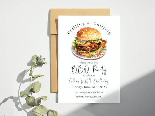 Editable BBQ Invitation, BBQ Birthday Invitation, Burger Invitation, BBQ Party Celebration, Cheeseburger Invite, Grill Invitation Barbecue