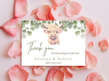 Boho Highland Cow Baby Shower Thank You Card, Cow Baby Shower, Holy Cow Thank You Card, Highland Cow thank You Card, Editable Template