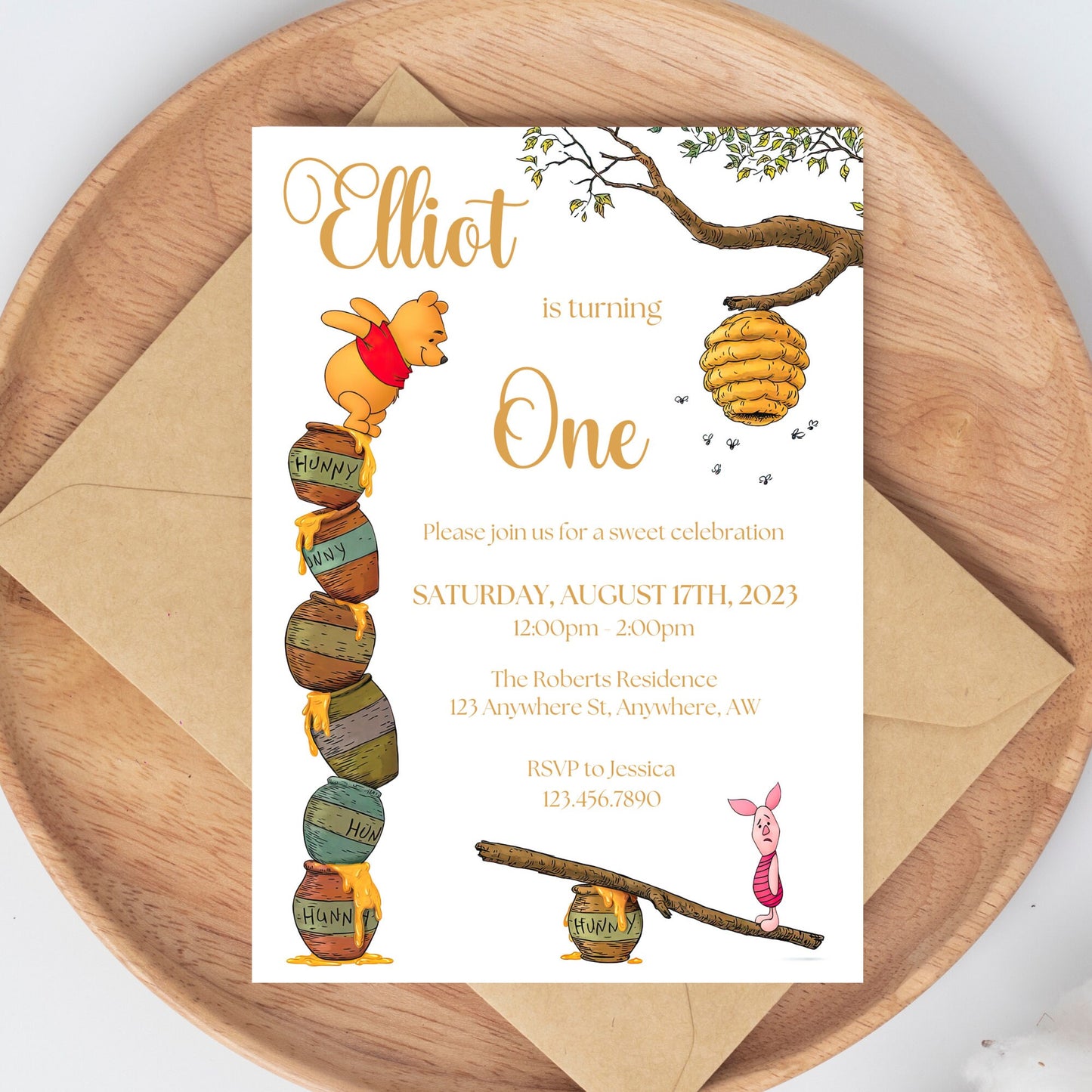 Editable Winnie the Pooh Birthday Invitation, Classic Winnie the Pooh Invitation Template, Pooh Bear Digital Invitation,  Little Hunny First