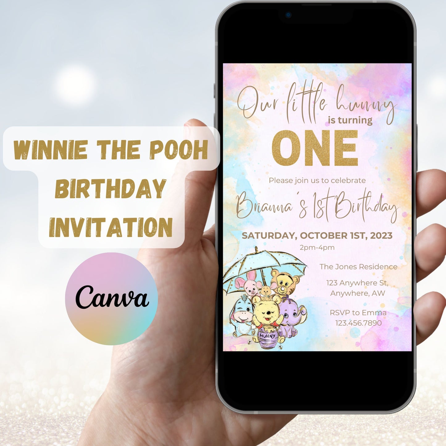 Editable Winnie the Pooh Birthday Invitation, Winnie 1st Birthday Invitation, Winnie First Birthday Invite, Pooh Bear, Instant Download