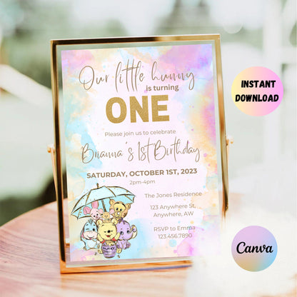 Editable Winnie the Pooh Birthday Invitation, Winnie 1st Birthday Invitation, Winnie First Birthday Invite, Pooh Bear, Instant Download