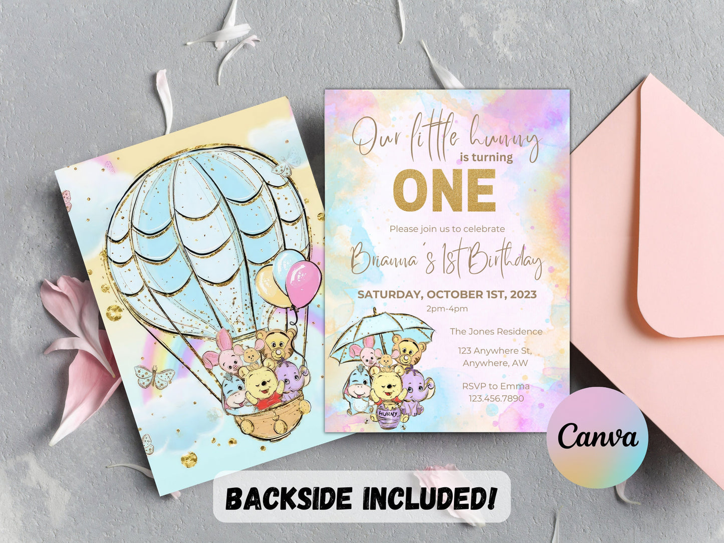 Editable Winnie the Pooh Birthday Invitation, Winnie 1st Birthday Invitation, Winnie First Birthday Invite, Pooh Bear, Instant Download