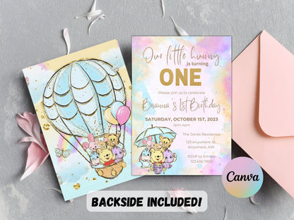 Editable Winnie the Pooh Birthday Invitation, Winnie 1st Birthday Invitation, Winnie First Birthday Invite, Pooh Bear, Instant Download