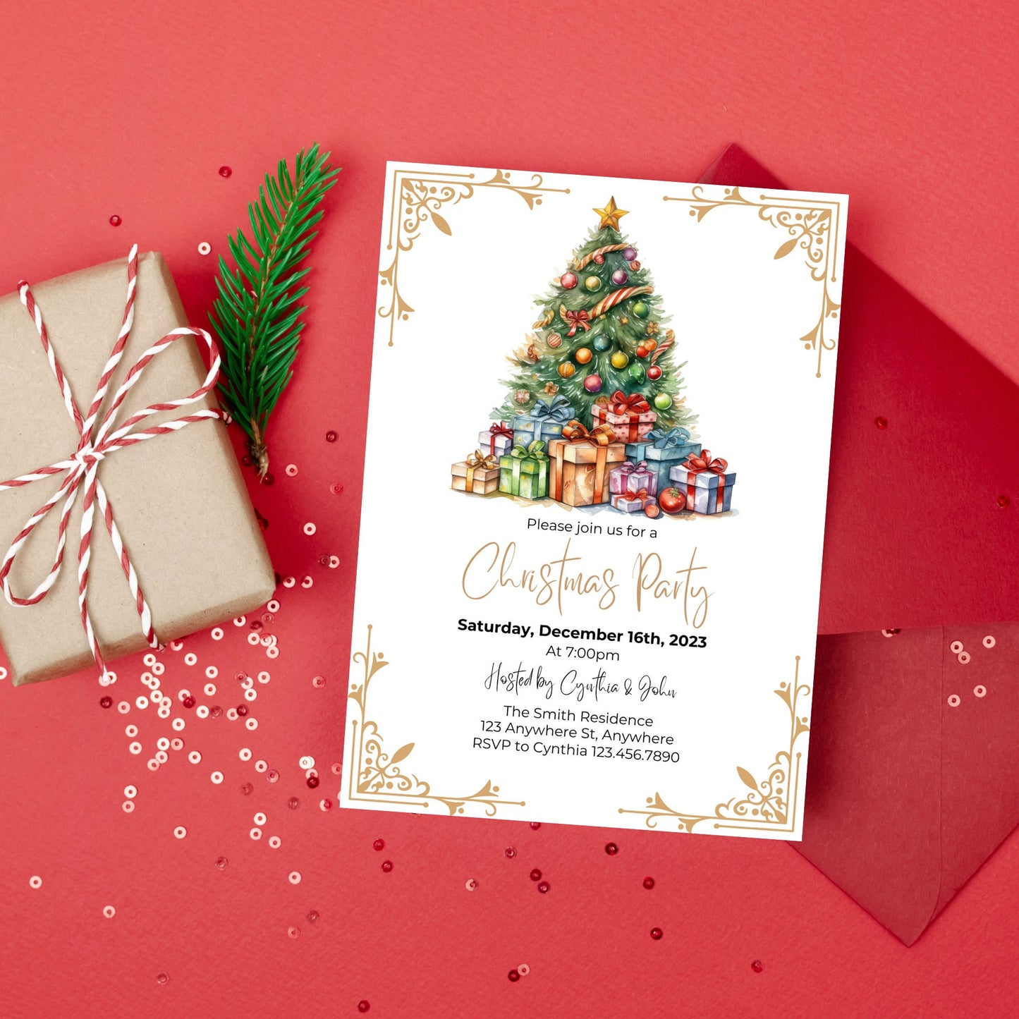 Editable Christmas Party Invitation, Christmas Eve Party Invitation Template, Christmas Tree Printable Invite, Holiday Party Invitation