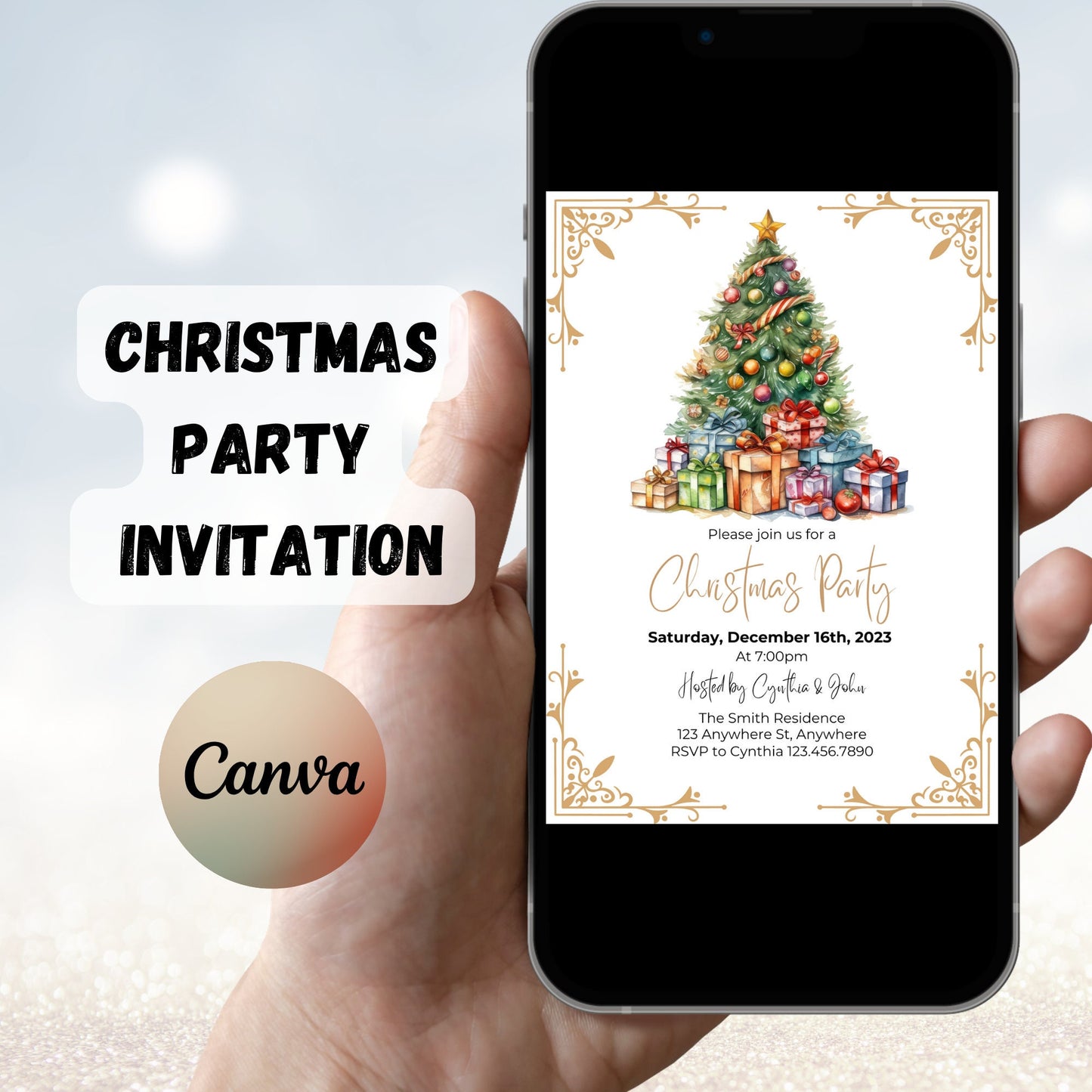 Editable Christmas Party Invitation, Christmas Eve Party Invitation Template, Christmas Tree Printable Invite, Holiday Party Invitation