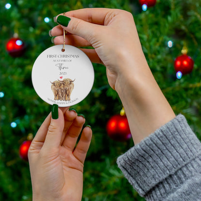 Personalized First Christmas As a Family Ornament, First Christmas As a Family of 3, Custom Highland Cow Ornament, Family of Three Ornament